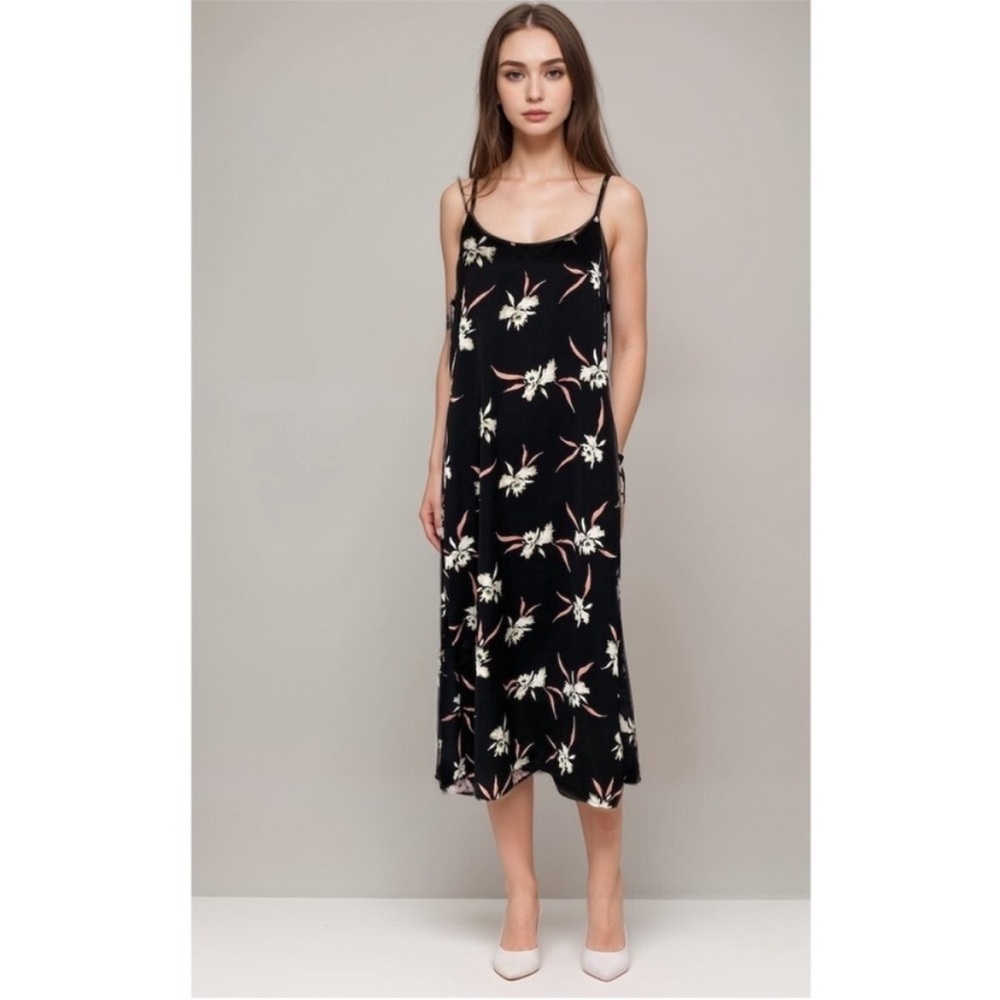 J crew midi spaghetti strap slip dress black floral size XXS